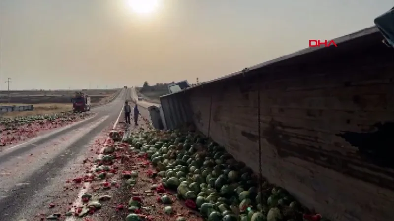 Karpuz yüklü TIR devrildi; şoför ağır yaralı